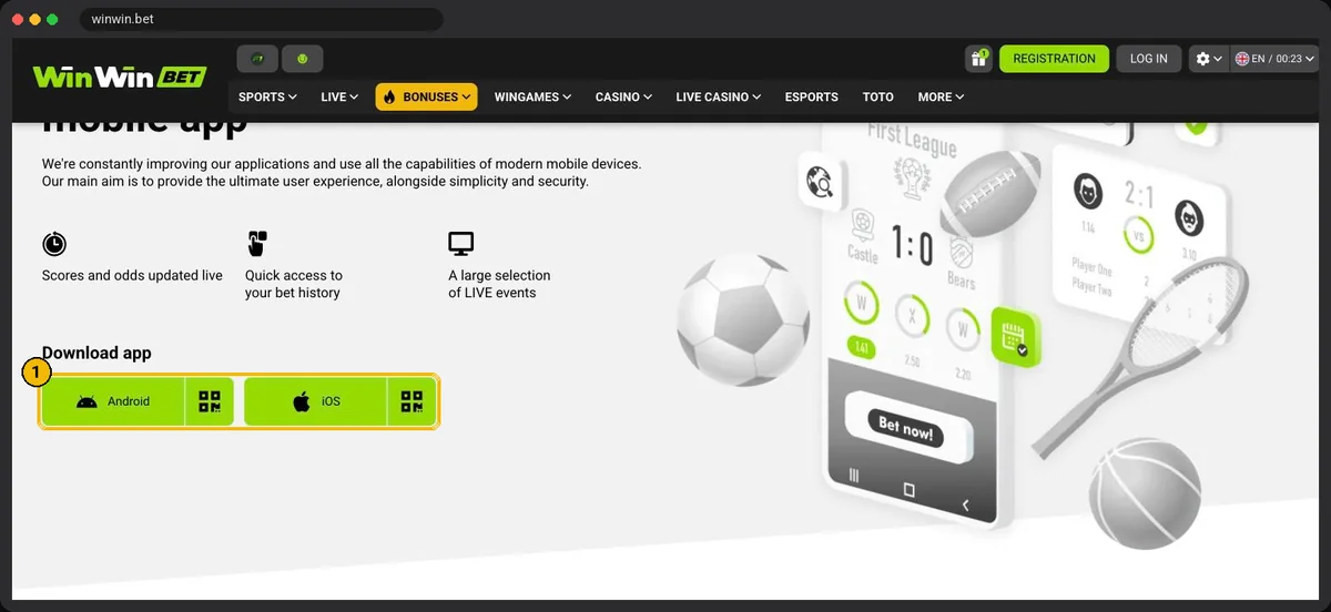 WinWinBet app page on the operator site showing Android and iOS buttons with QR codes for Somali users