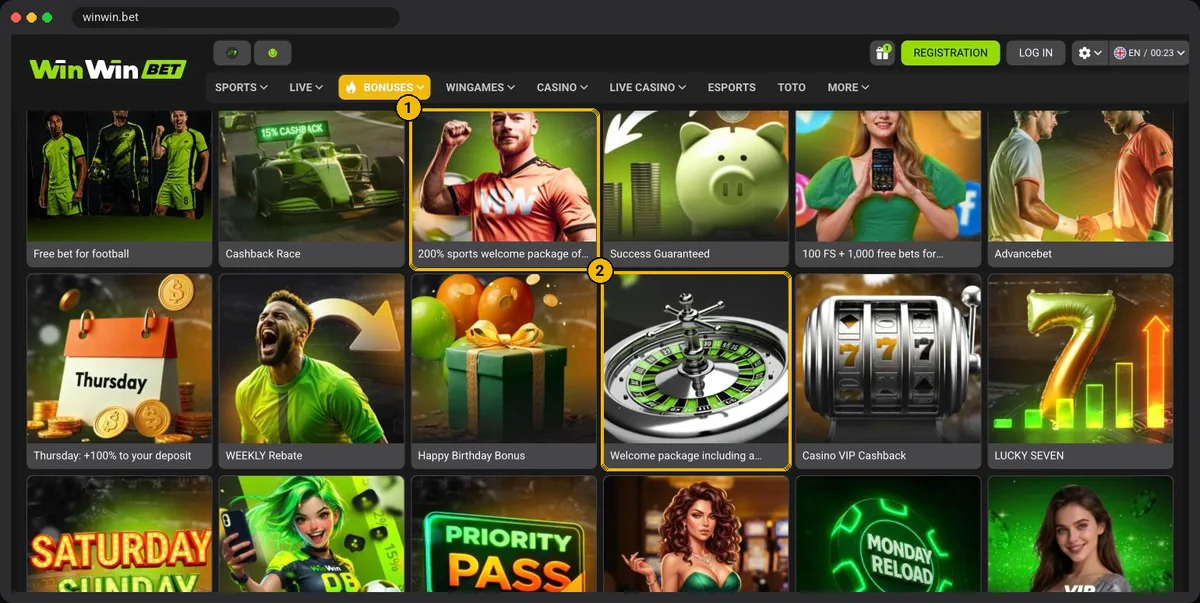 WinWinBet Bonuses page with the Promo code store tab next to Cashback and Promotions