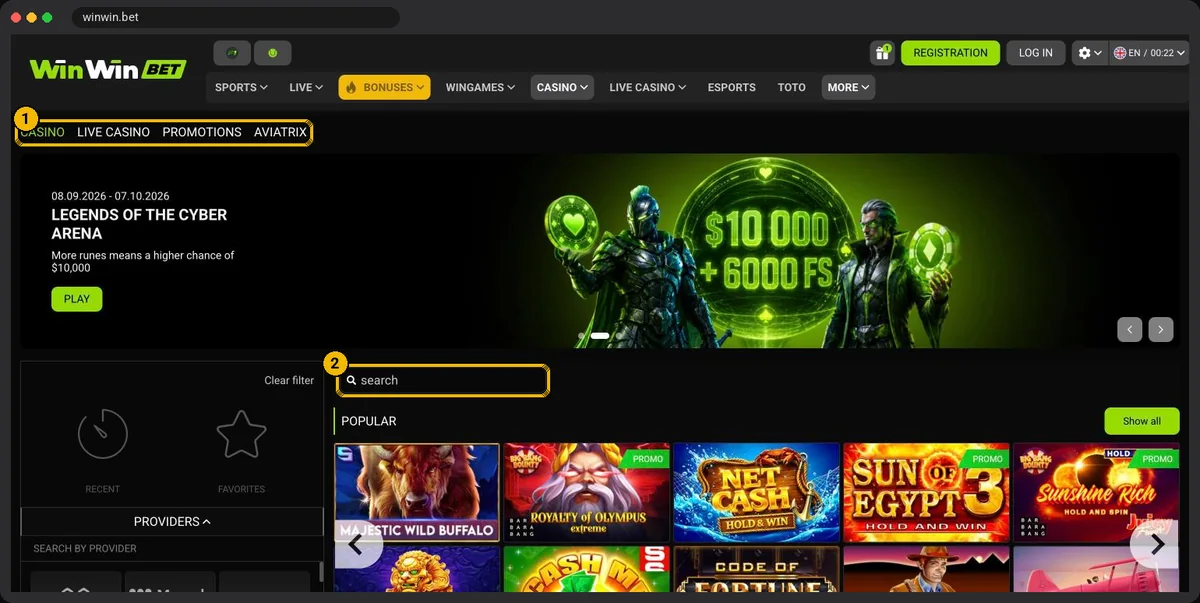 WinWinBet casino lobby with sub-menu, search bar, providers and popular slots