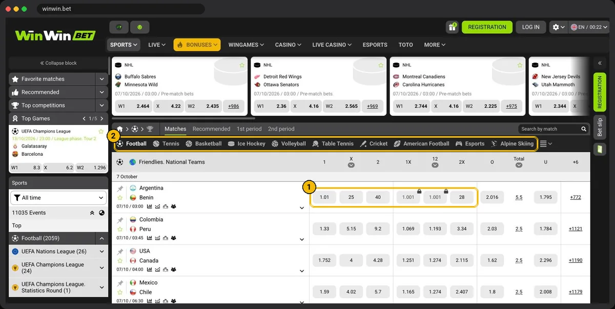 WinWinBet football line with 1X2 and double chance odds and the bet slip