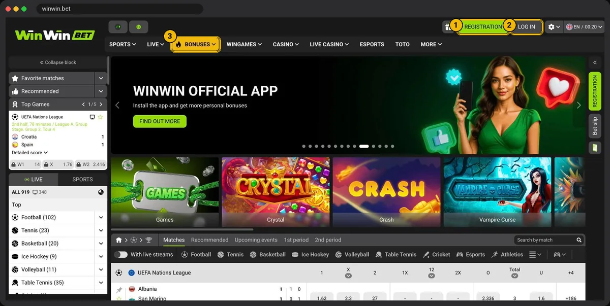 WinWinBet Somalia home page with sports menu, promotions slider, WinGames tiles and registration widget