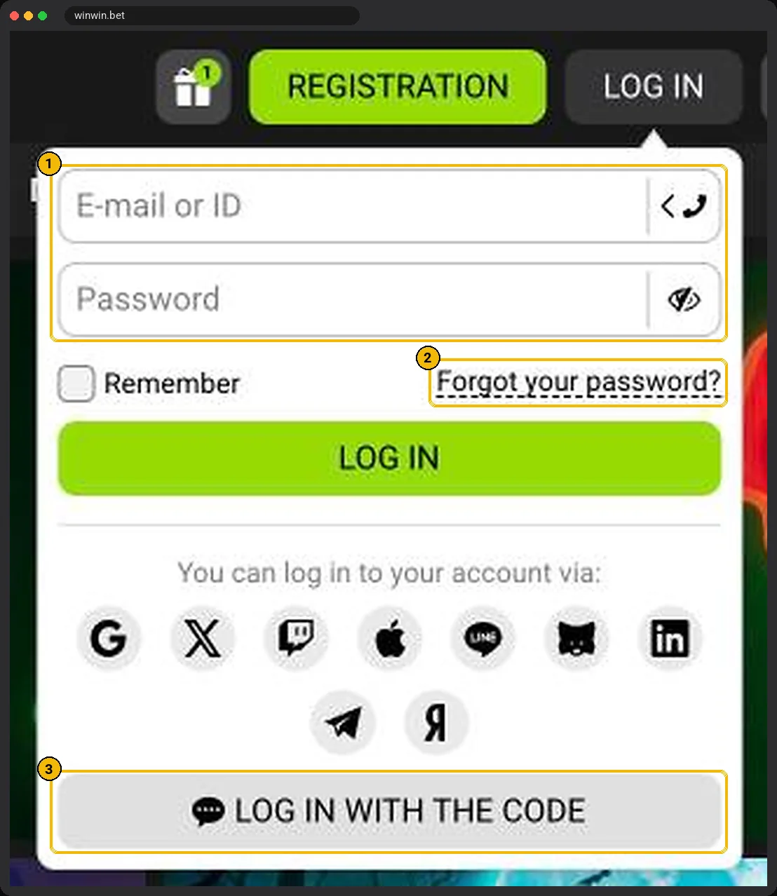 WinWinBet login box with E-mail or ID, Password, Remember, Forgot your password and Log in with the code