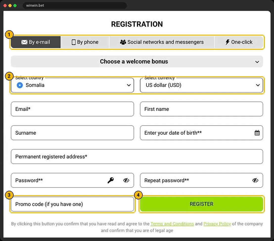 WinWinBet By e-mail registration form with welcome bonus choice, country, currency, name, date of birth and password