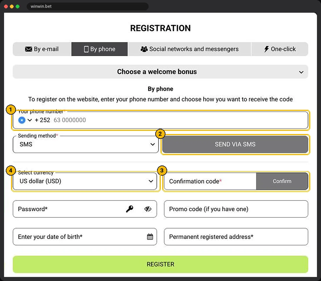 WinWinBet register by phone tab with the +252 country code, Send via SMS button, confirmation code and password fields