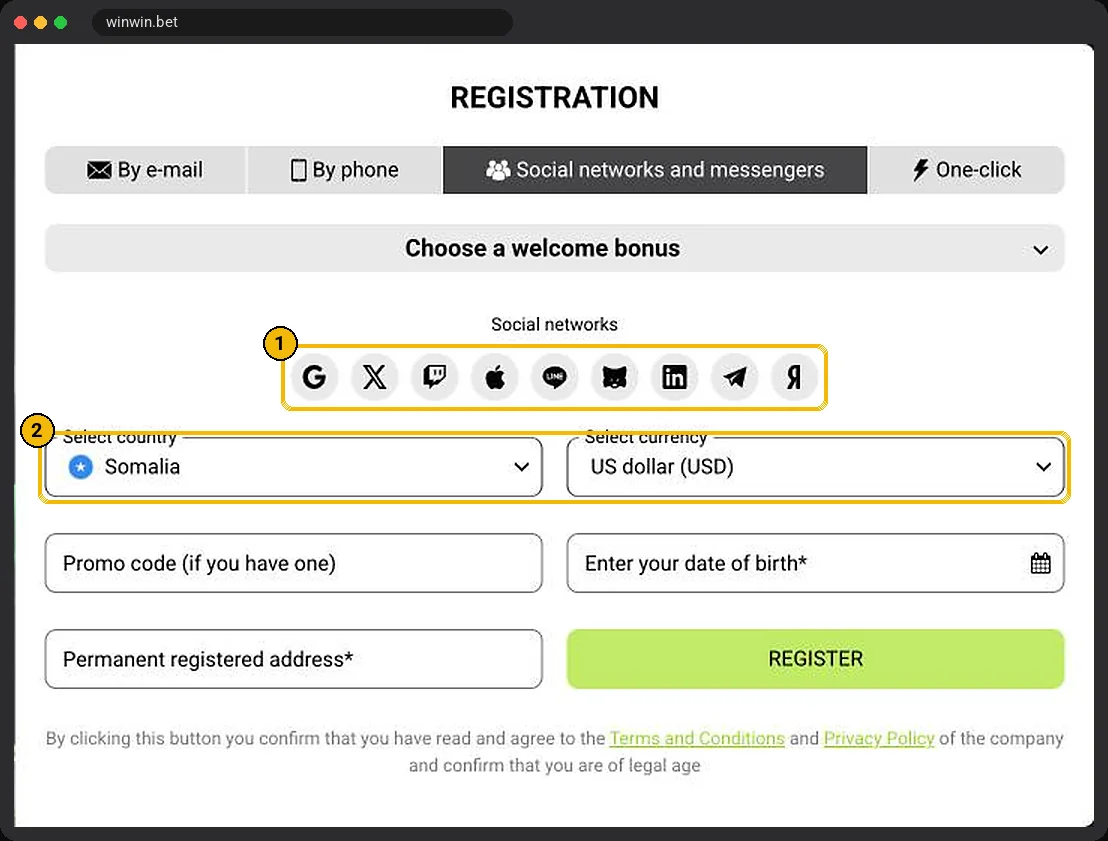 WinWinBet registration tab for social networks and messengers with Google, X, Apple and Telegram icons